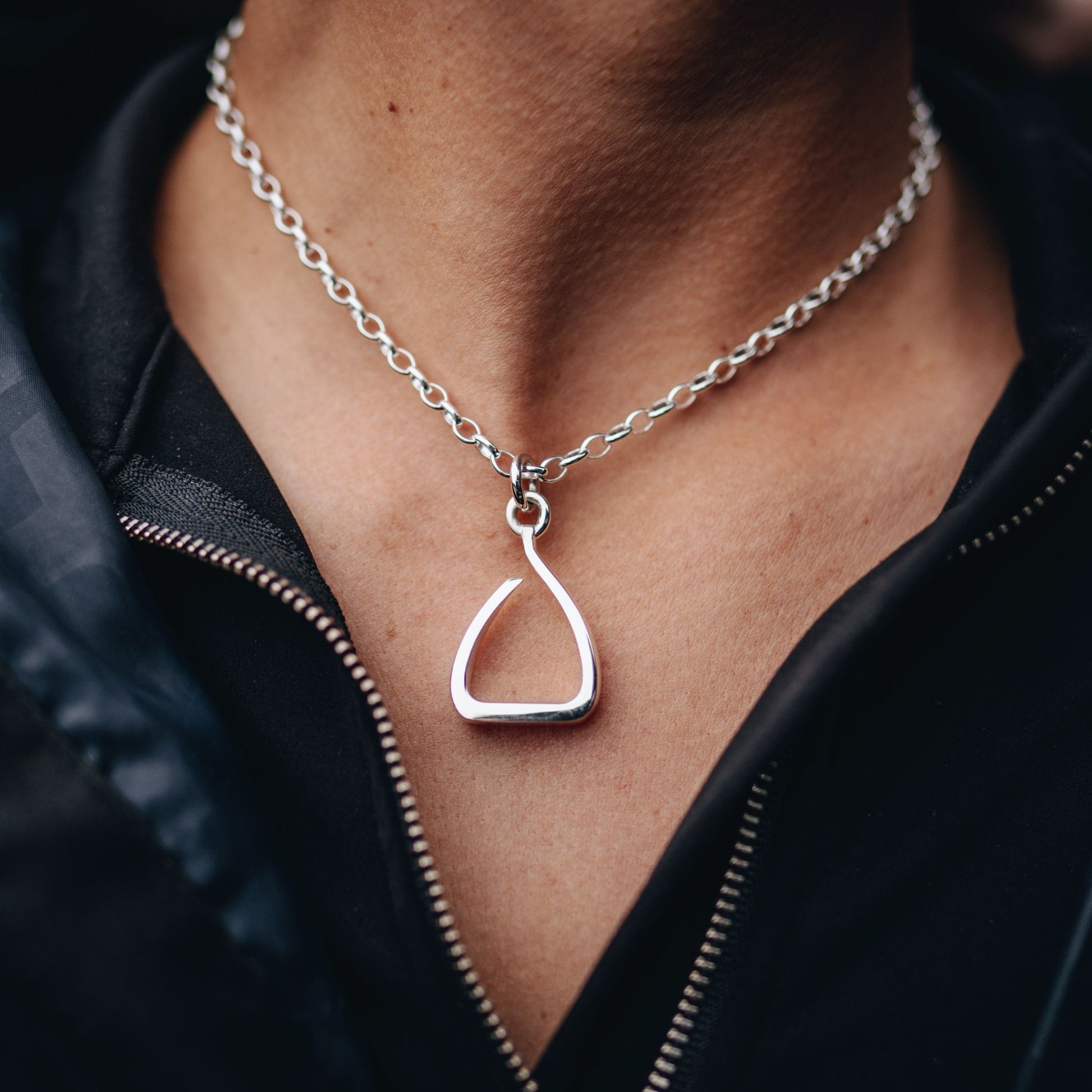 Silver jump stirrup necklace. Based on the Freejump Stirrup. This is for Horse riders and equestrians. Made by Crawford Hill Equestrian Jewellery 